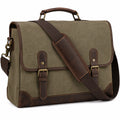 Aktentasche 40 cm Canvas Leder Olivgrün Braun für Arbeit im Vintage-Stil