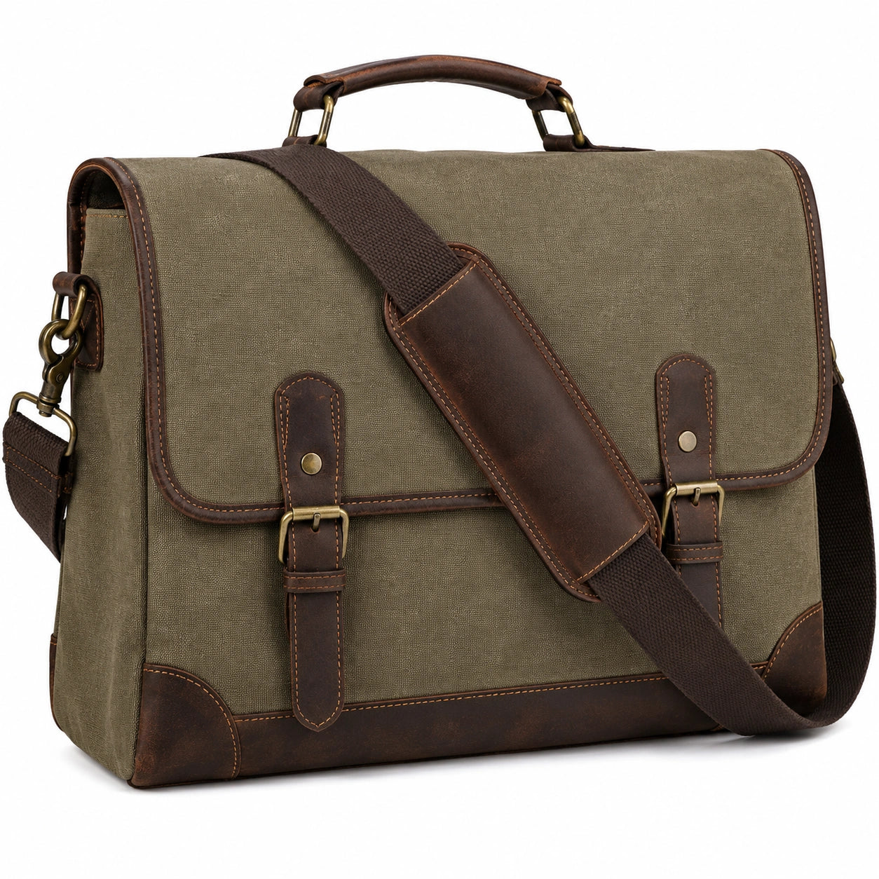 Aktentasche 40 cm Canvas Leder Olivgrün Braun für Arbeit im Vintage-Stil