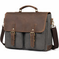 Aktentasche 40 x 12 x 30 cm aus Canvas und Leder Braun Grau mit Schultergurt