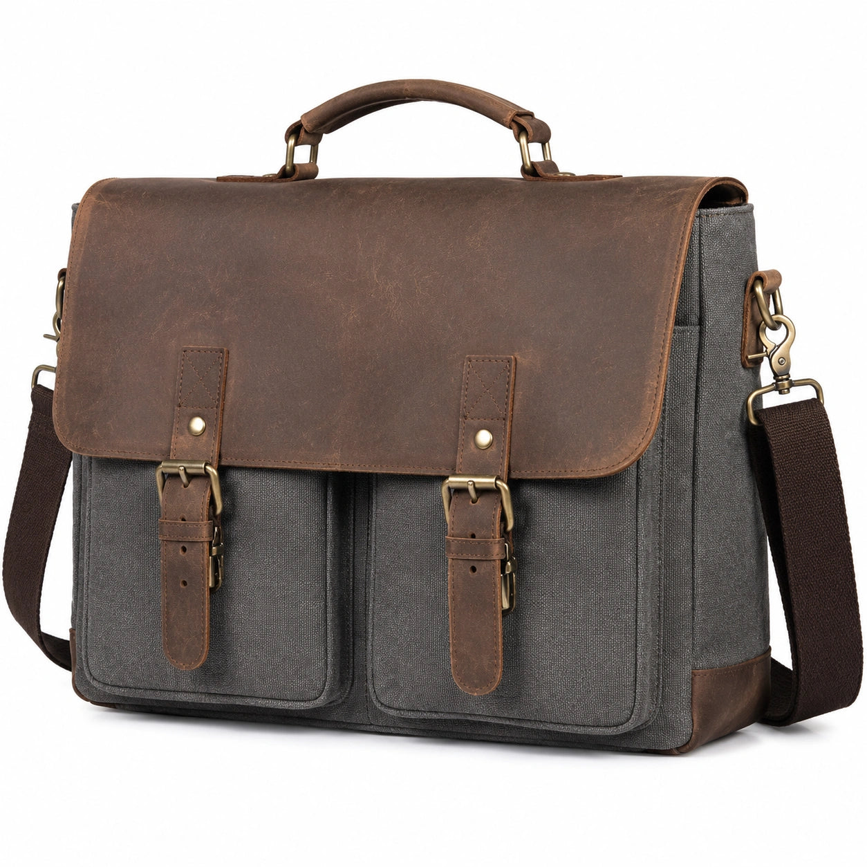 Aktentasche 40 x 12 x 30 cm aus Canvas und Leder Braun Grau mit Schultergurt