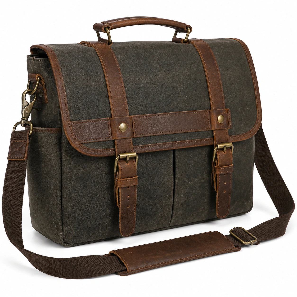 Laptoptasche 40 cm aus Canvas und Leder dunkelgrün braun im Vintage Stil