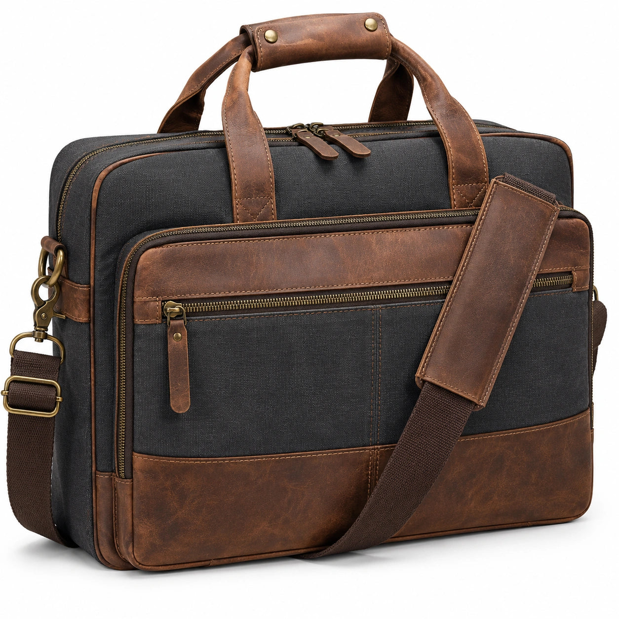 Laptoptasche 40 x 30 x 10 cm Schwarz Braun aus Textil und Kunstleder mit Schultergurt