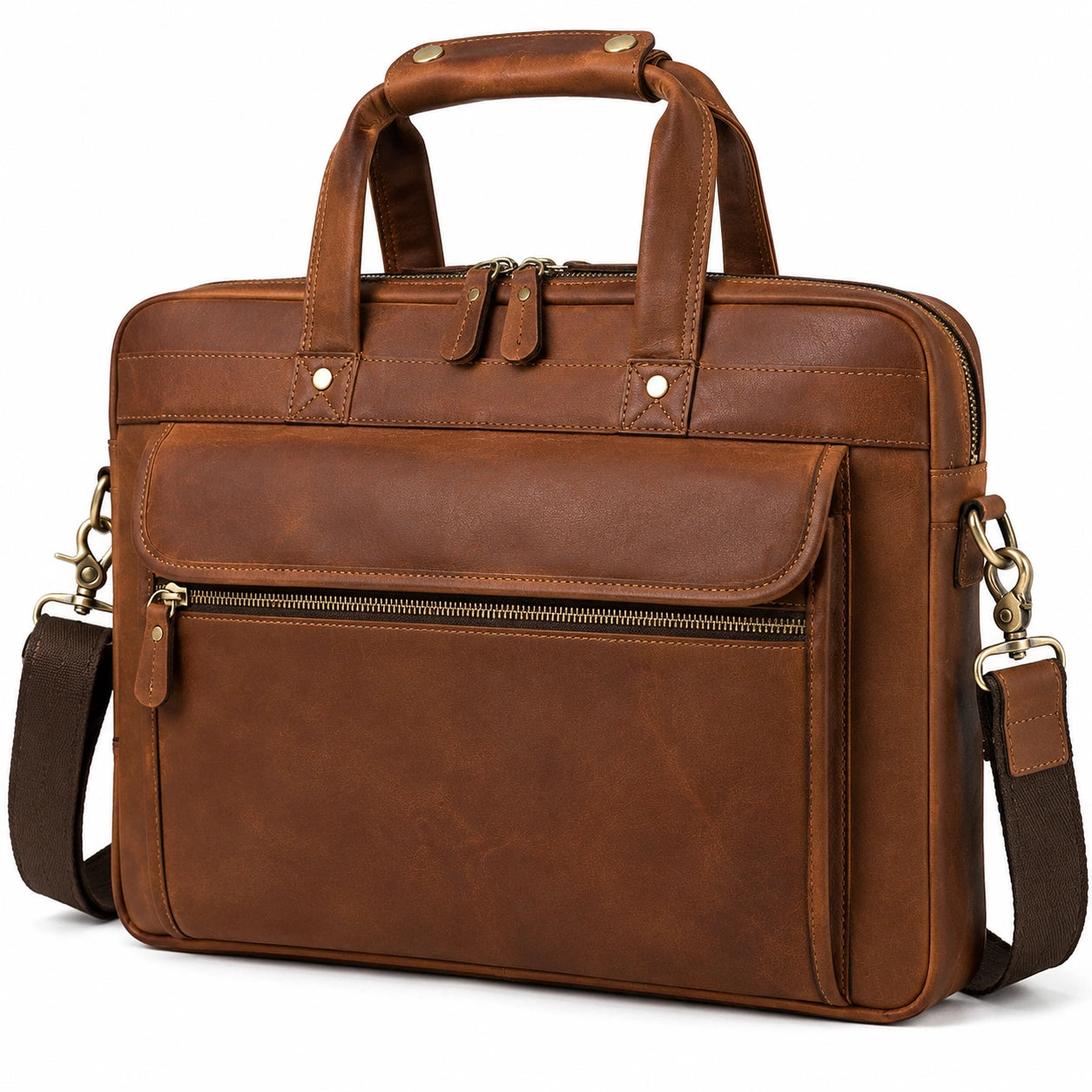 Laptoptasche 40 cm Leder Braun mit Schultergurt und Reißverschluss