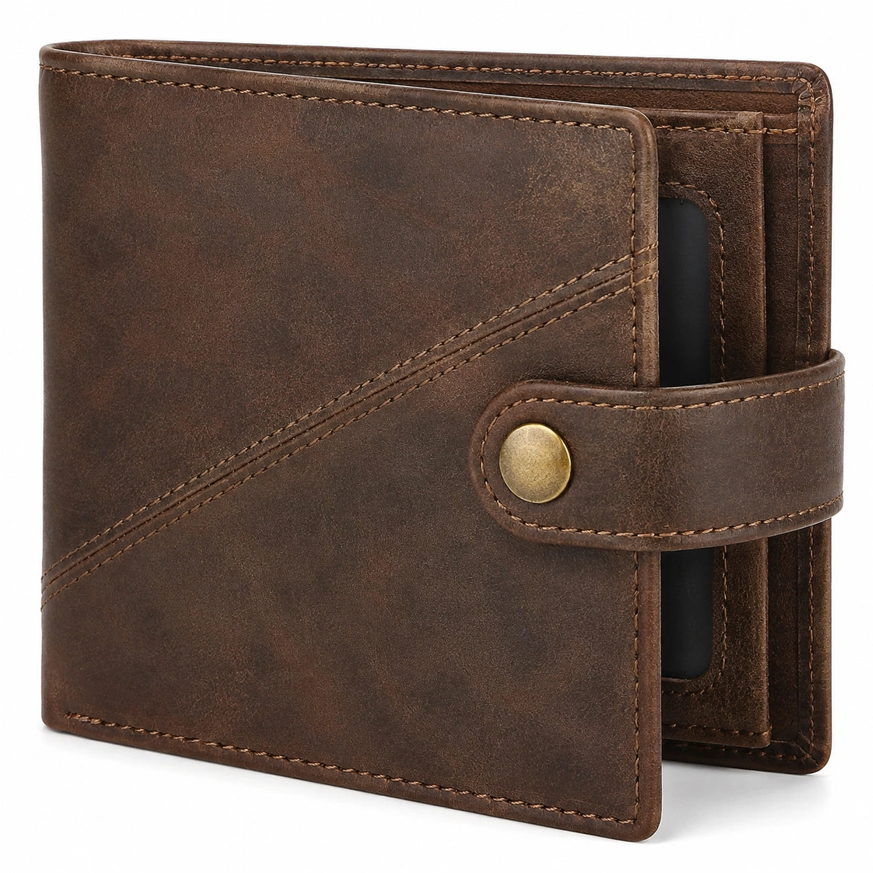 Geldbörse 12 x 2.5 x 9.5 cm Leder Braun mit Druckknopf und Kartenfächern