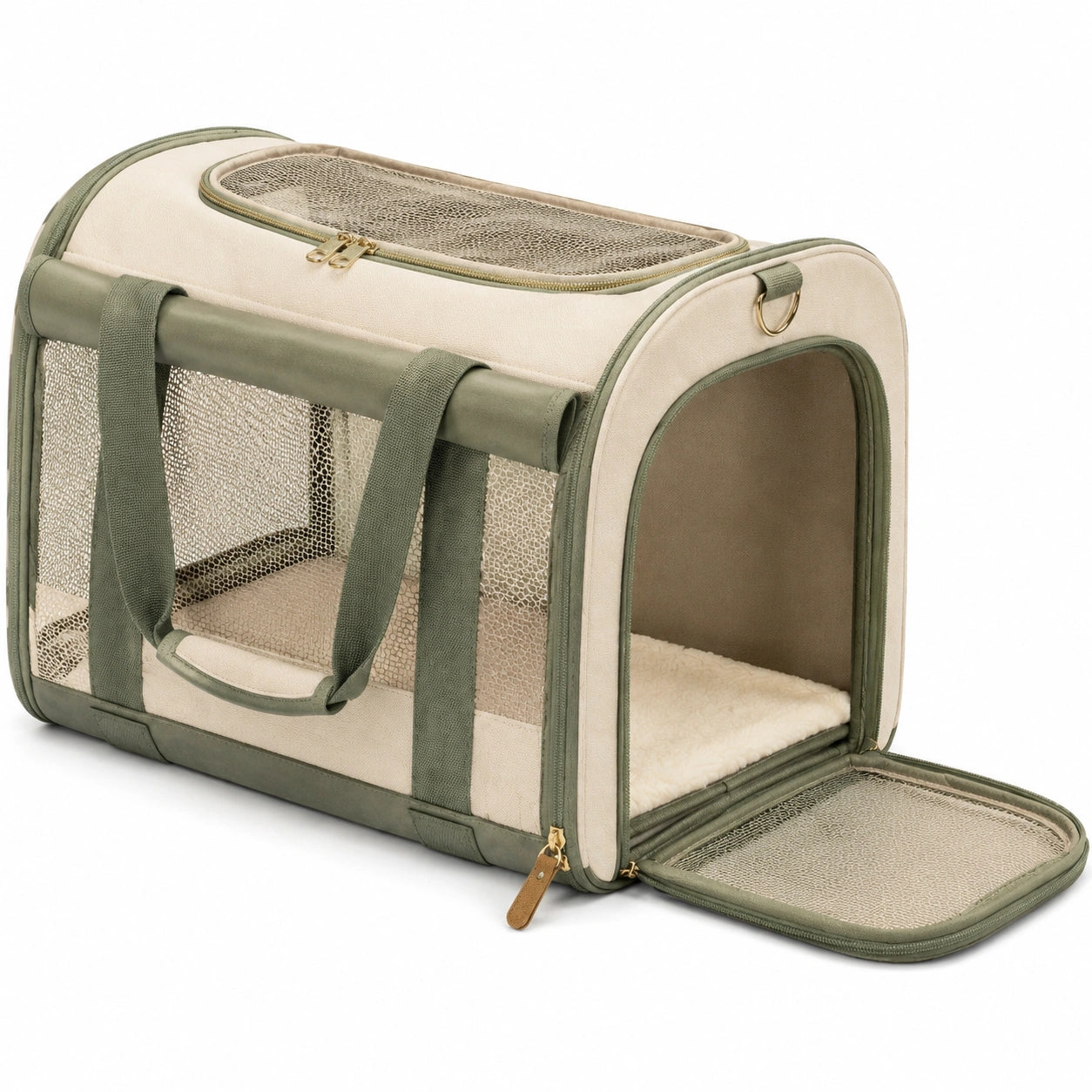Haustiertransporttasche 50 x 30 x 30 cm Beige Grün Textil mit Netzfenstern faltbar