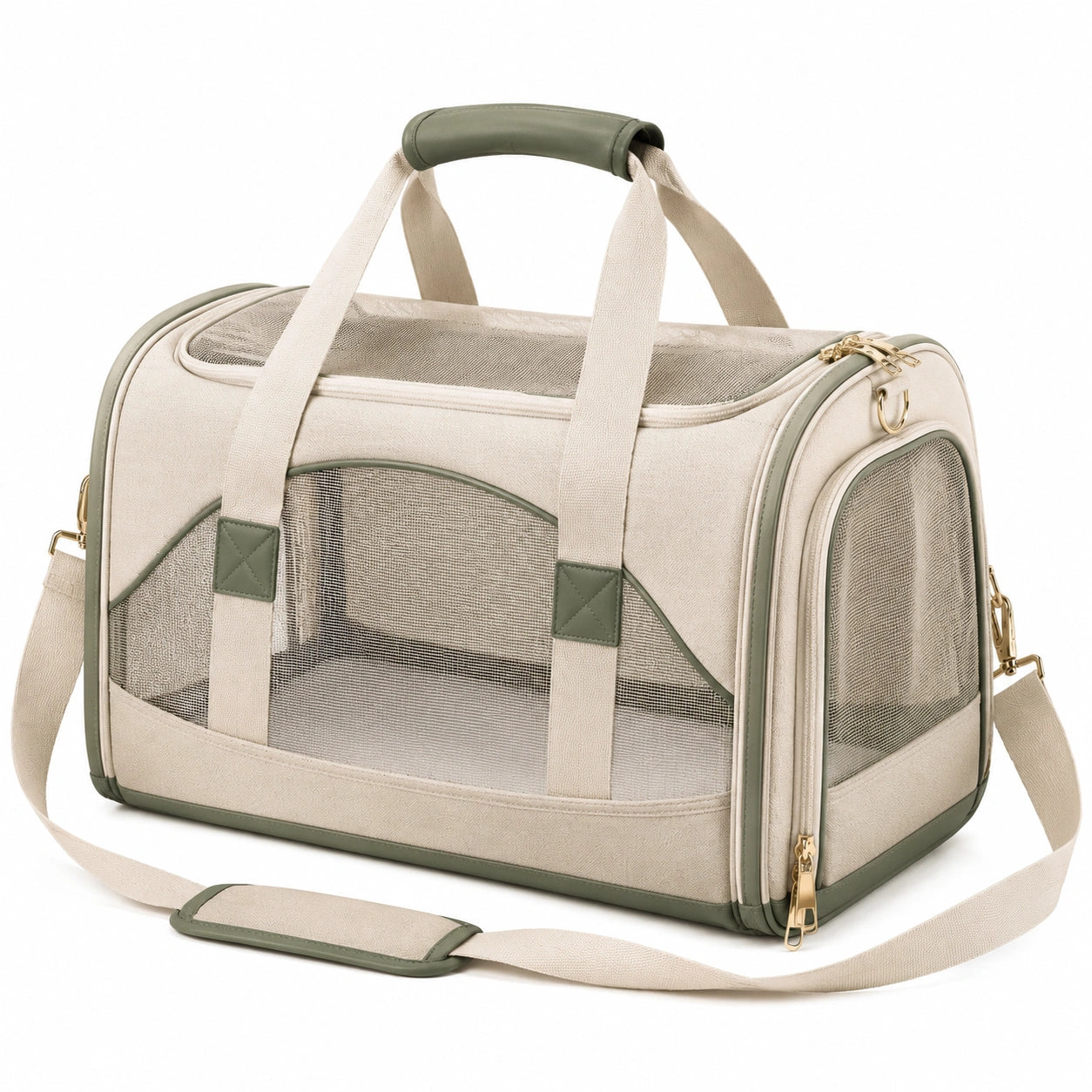 Haustier Transporttasche 45 x 28 x 30 cm aus Textil in Beige Grün mit Netzfenstern