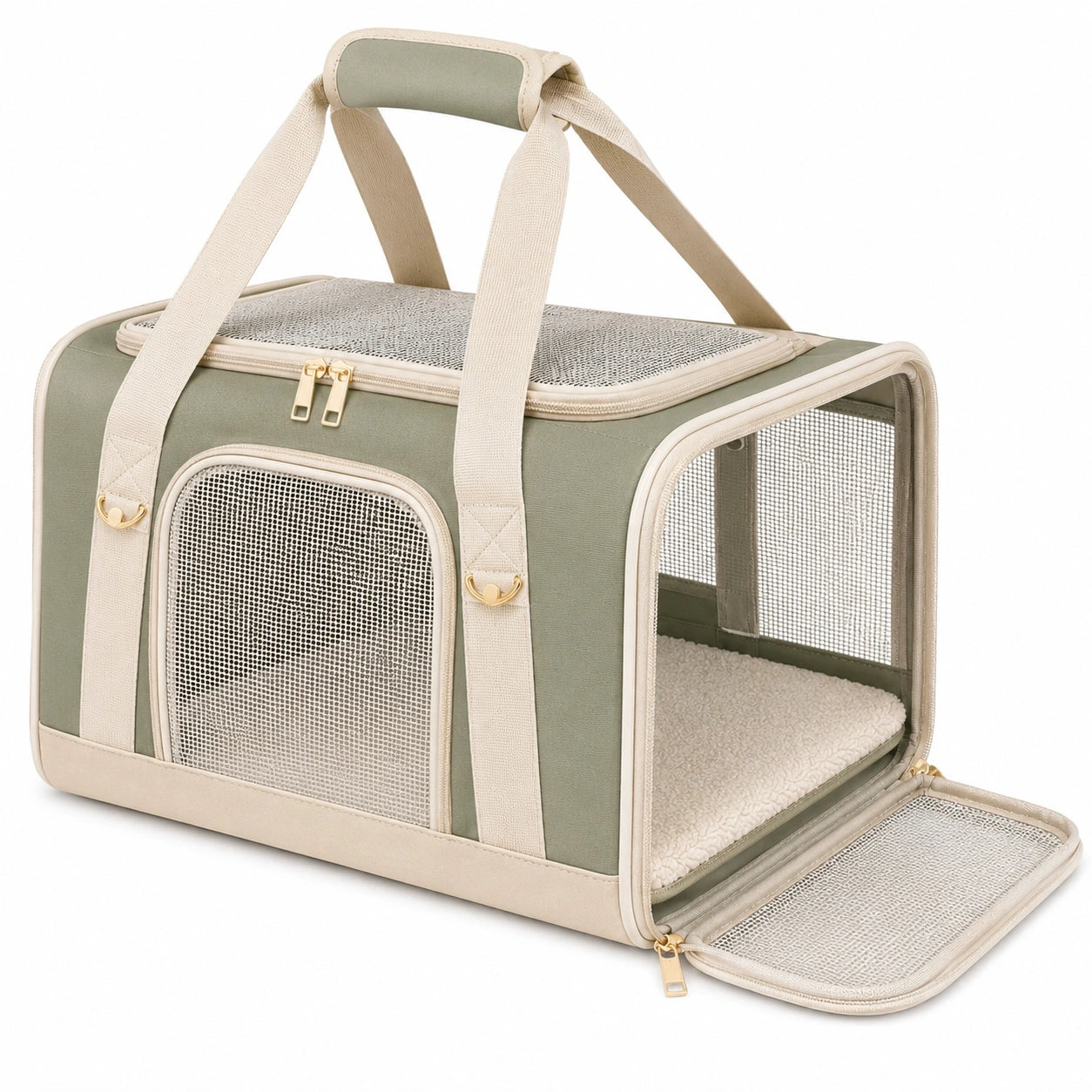 Haustier Transporttasche 45 x 28 x 30 cm Textilgewebe Grün Beige faltbar mit Netzfenstern