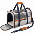 Tiertransporttasche 45 x 28 x 28 cm aus Textil in Beige/Navyblau mit Netzfenstern und Schultergurt