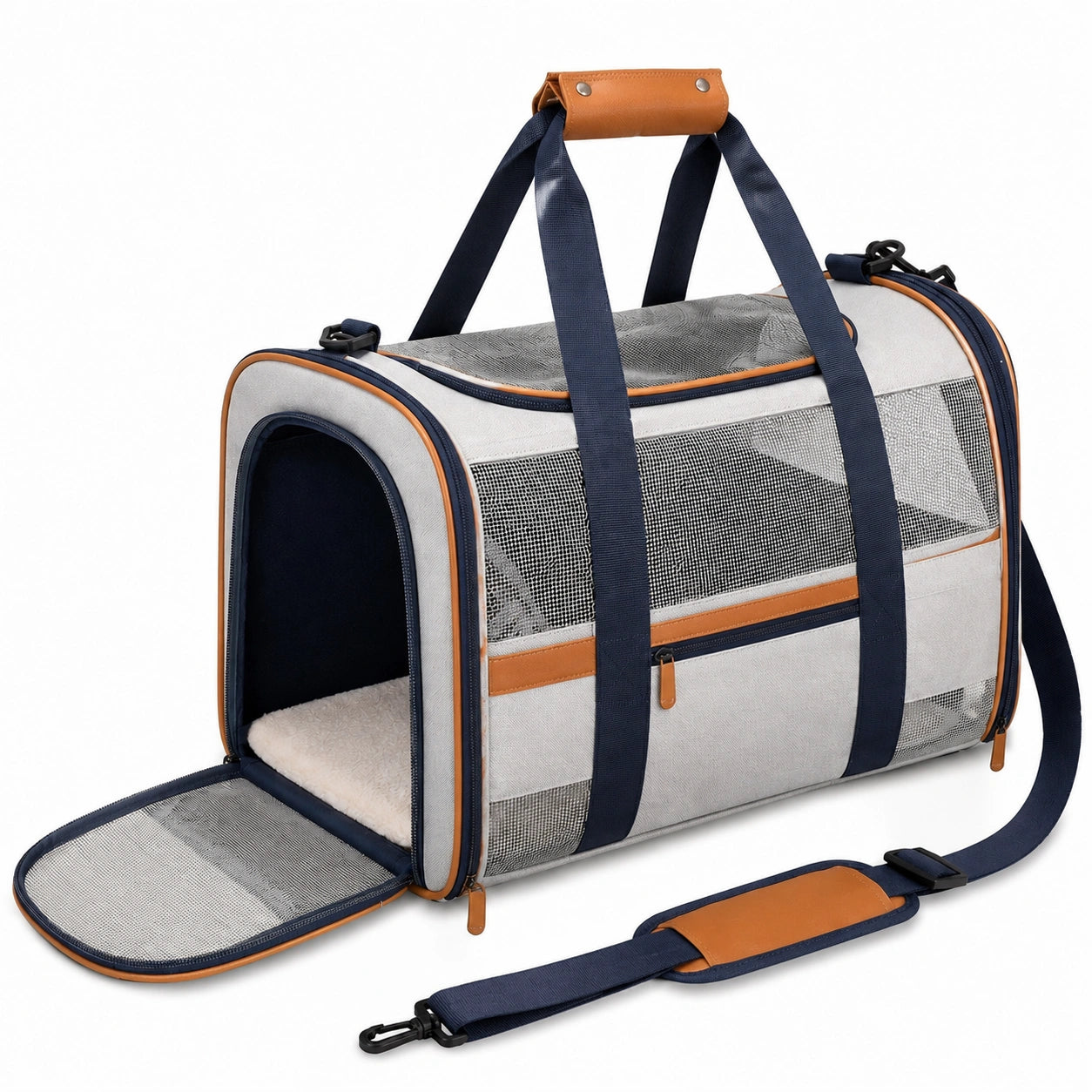 Tiertransporttasche 45 x 28 x 28 cm aus Textil in Beige/Navyblau mit Netzfenstern und Schultergurt