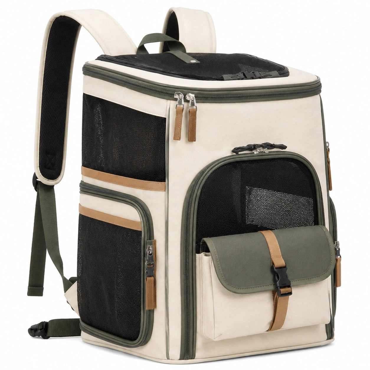Haustier-Transportrucksack 42x30x48 cm aus Polyester in Beige Grün mit Netzfenstern