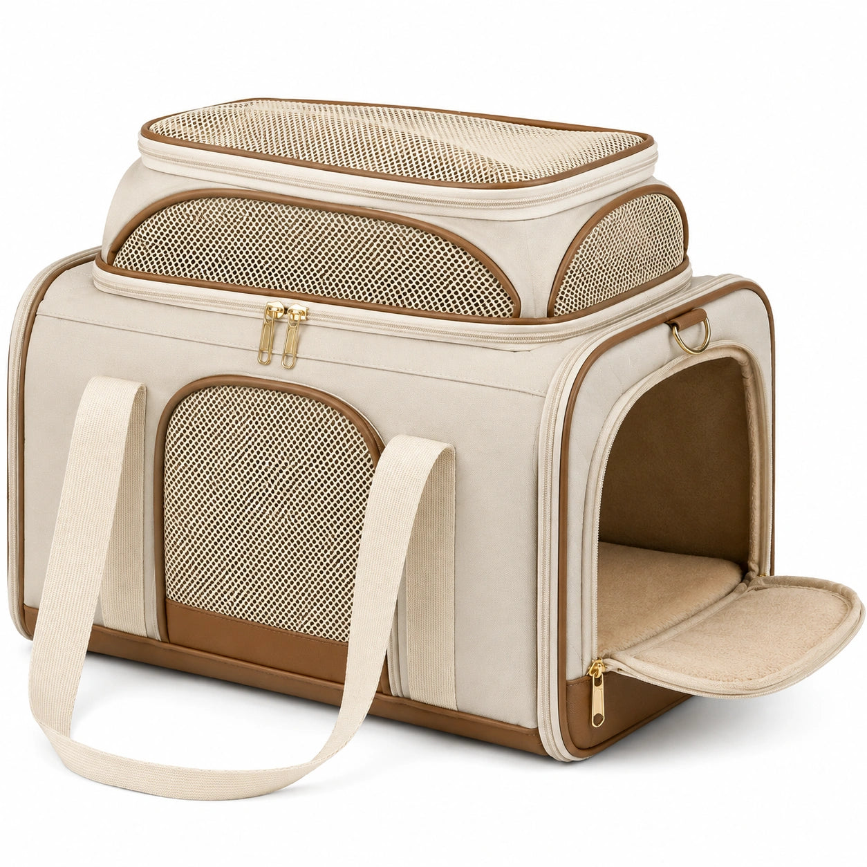 Haustier-Transporttasche 45 x 28 x 30 cm Textil Beige/Braun mit Netzfenstern und Schultergurt