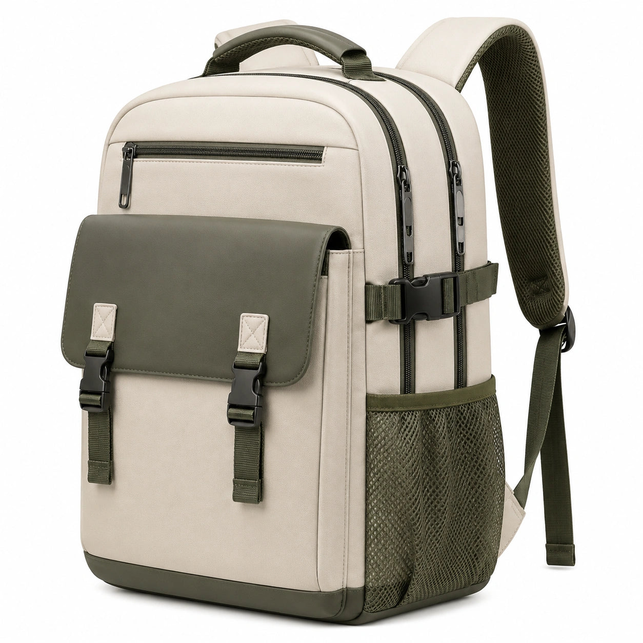 Rucksack 30 x 16 x 42 cm aus Synthetik Beige Olivgrün mit Mehrfachfächern