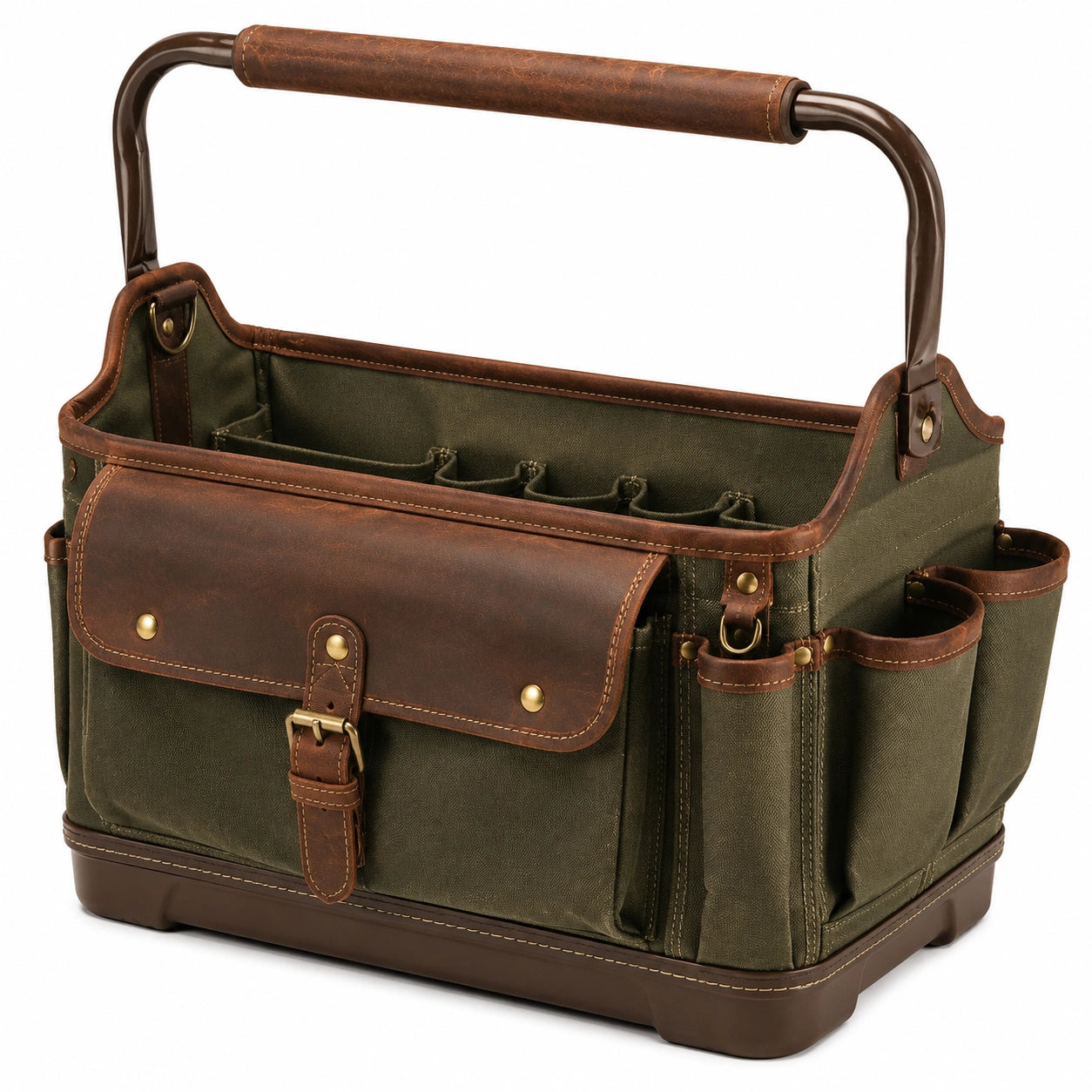 Werkzeugtasche 40 cm aus Canvas und Kunstleder Olivgrün Braun mit Tragegriff